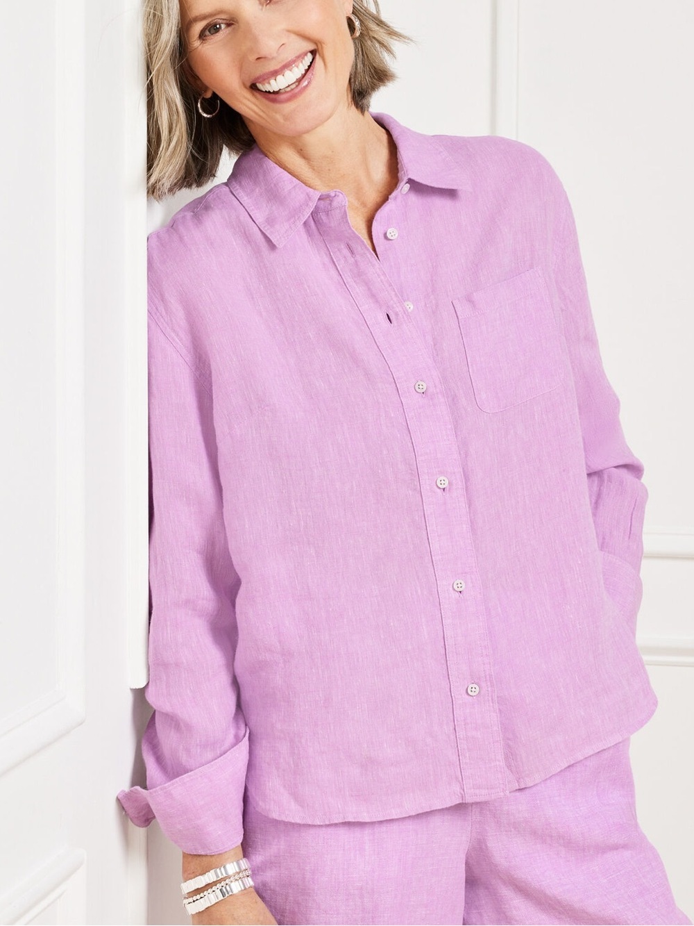 Talbots 100% linen purple boxy cross dye button down size medium
